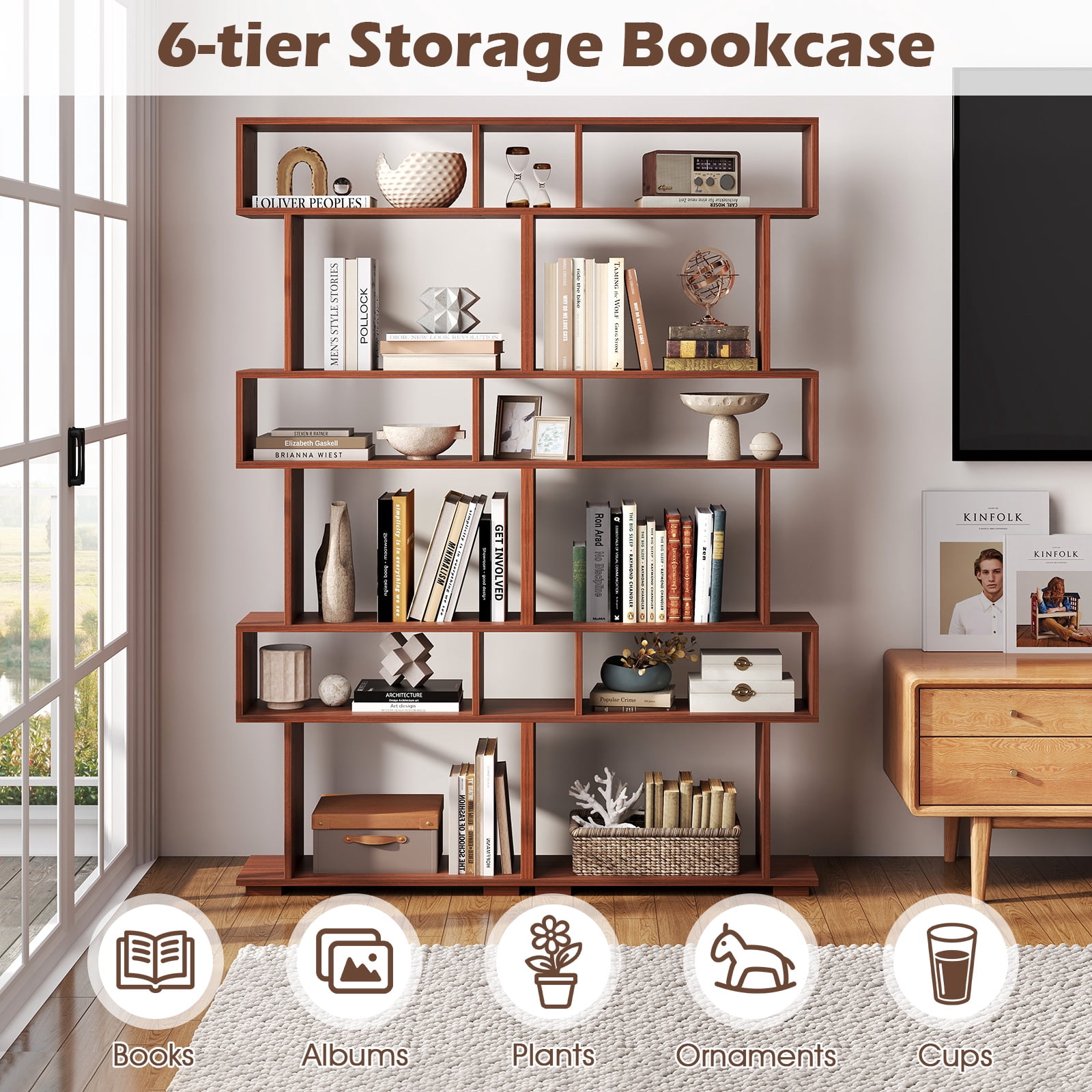 Costway 6-tier Storage Bookshelf S-shaped Geometric Bookcase with Anti-toppling Kits Orange