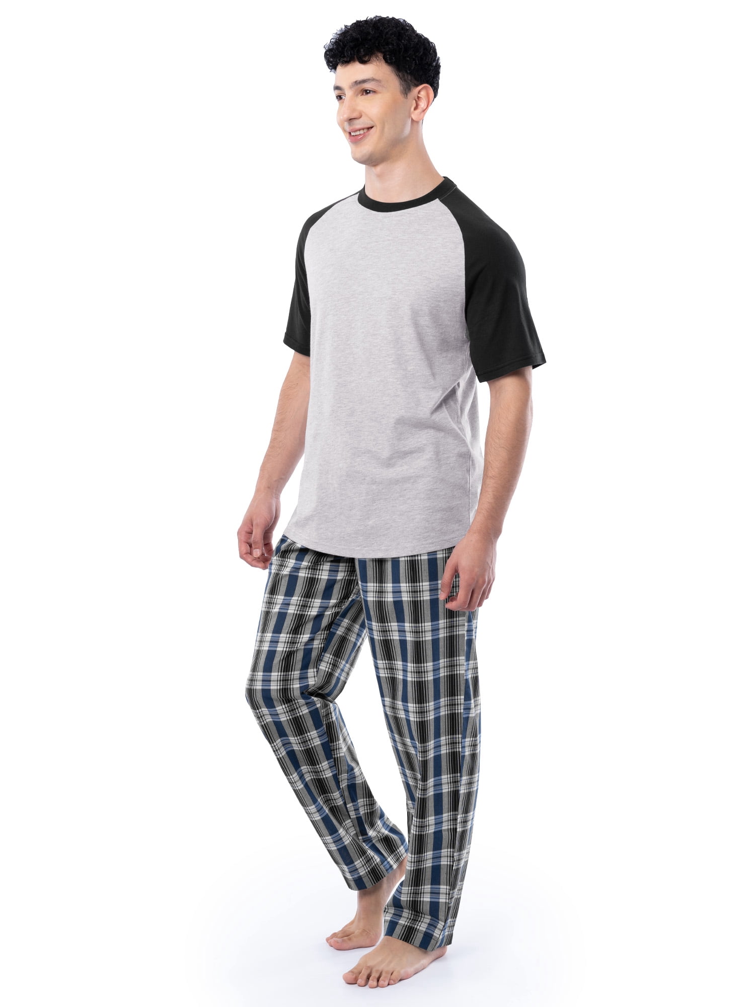 Fruit of the Loom Men's Raglan Short Sleeve T-shirt and Plaid Pajama Sleep Pant Set, Sizes S-2XL