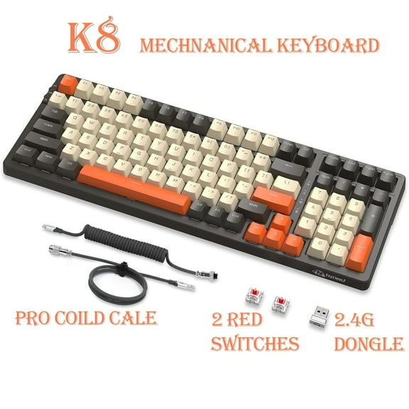 ZIYOULANG K8 3-Mode Wireless Mechanical Keyboard with Coiled Cable, BT5.0/2.4G/Wired, 19 Backlit,100 Keys Hot Swappable Red Switch Gasket RGB with Number Pad for PC Gamers/Mac/Windows/Laptop-Orange
