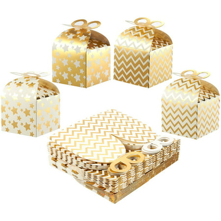 Pack of 36 Paper Treat Boxes - Gable Favor Boxes, Fun Party Play Goodie Boxes, 3 Dozen Bright Golden Birthday Party, Shower Loot Gift Boxes, 4 Designs, 3.7 x 3.2 x 3.7