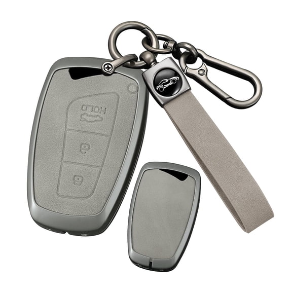 3-Button Car Key Cover Fit for Hyundai Genesis 2013-2016 Key Remote Metal and Leather Key Fob Shell Case for Santa Fe Equus Azera IX45 2014-2017,Solid Key Protector with Keychain
