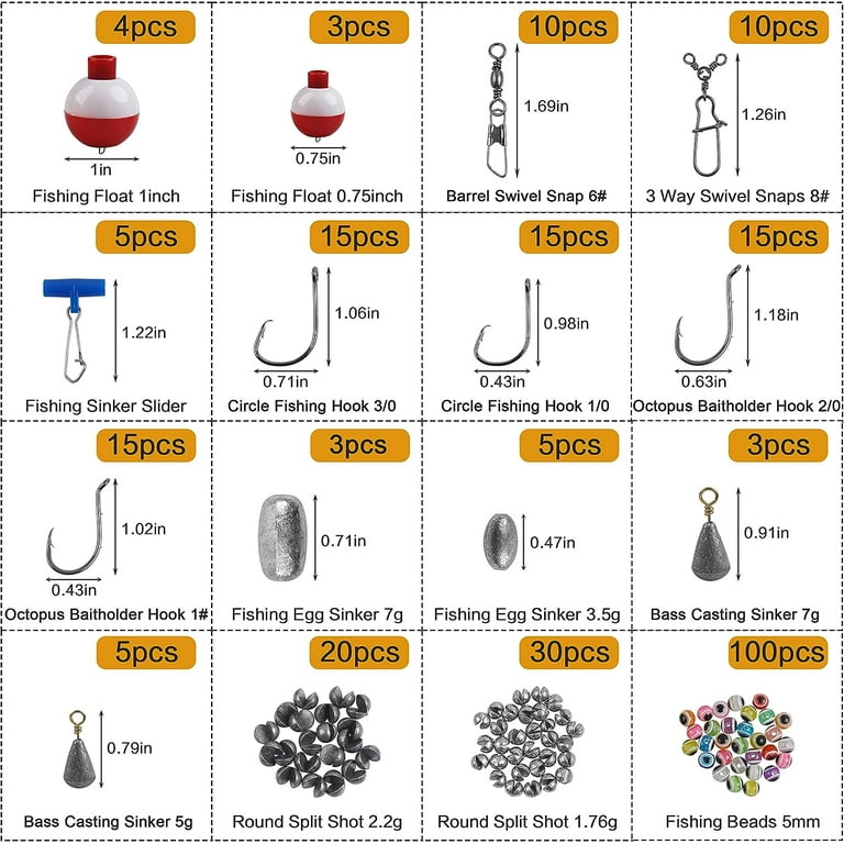 Fishing Hook Bobber Accessories Tackle Box Kit, 258Pcs Fishing Kit Included Fishing Hooks Weights Swivels Bobbers Beads Fishing Gear Terminal Tackle