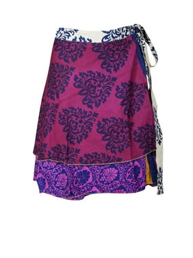 Mogul Women Pink Blue Short Wrap Skirt Silk Sari Vintage Printed 2 Layer Reversible Silk Sari Skirts