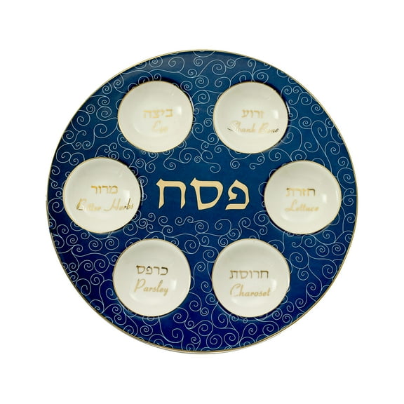 Rite Lite 12" Blue and White Classic Seder Round Plate with Gold Accents