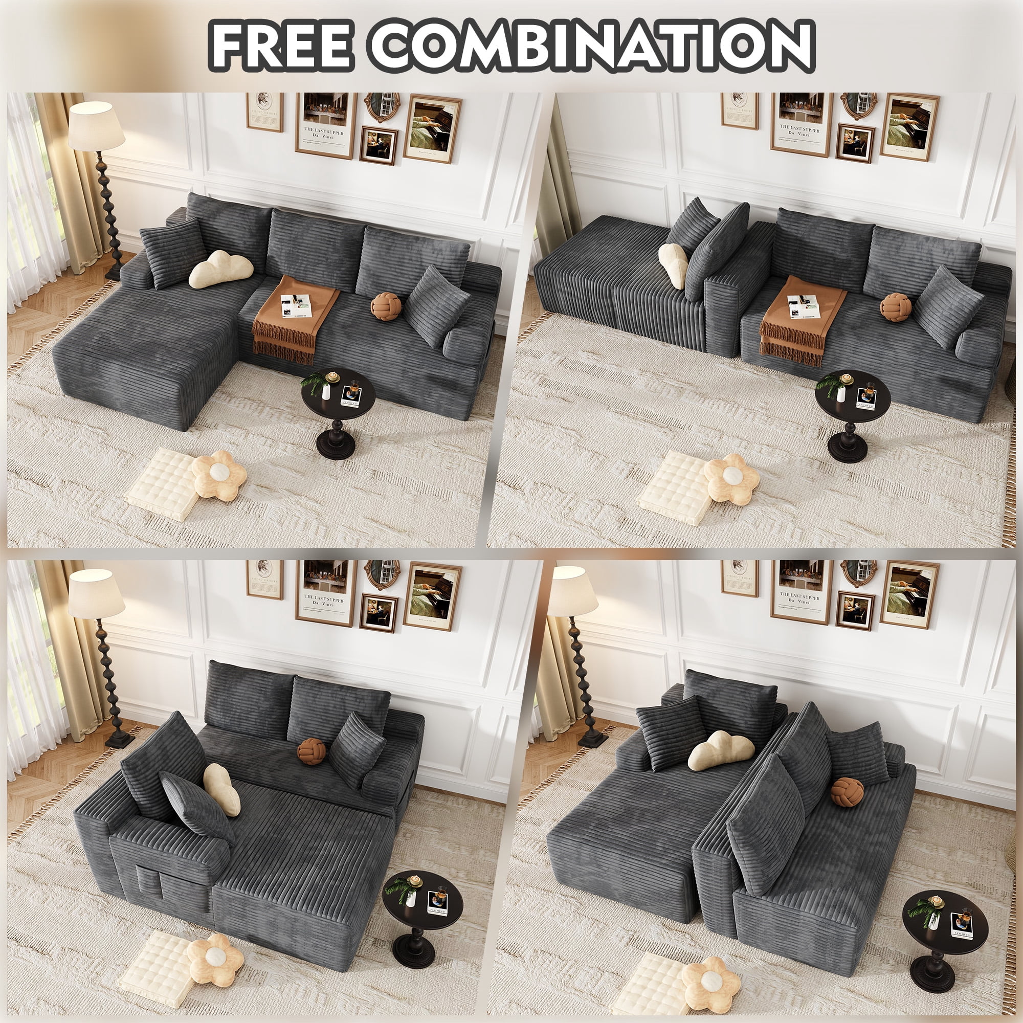104" Modular L-Shaped Sectional Sofa, No Assembly Required Boneless Sofa with Chaise, High Resilience Foam & Corduroy Fabric, for Living Room Bedroom,(Charcoal)