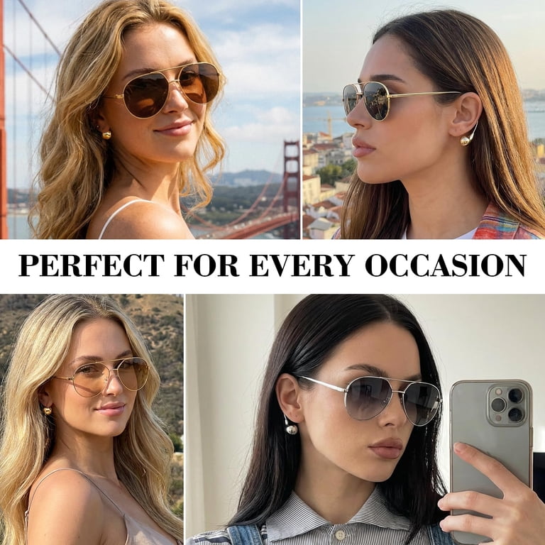 Trendy Aviator Sunglasses for Women with Earring Gold Metal 