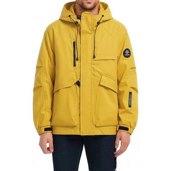 Ecqkame Men's Hooded Rain Coats Waterproof Windproof Outdoor Jacket Multi-Pocket Zip-Up Hiking Comfortable Coat Yellow S