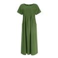 thumbnail image 4 of Womens Crew Neck Long Sleeve Spring Fall Dresses,Women's Fashion Solid Color Round Neck Pocket Pleated Short Sleeve Cotton And Linen Dress Army Green, 4 of 4