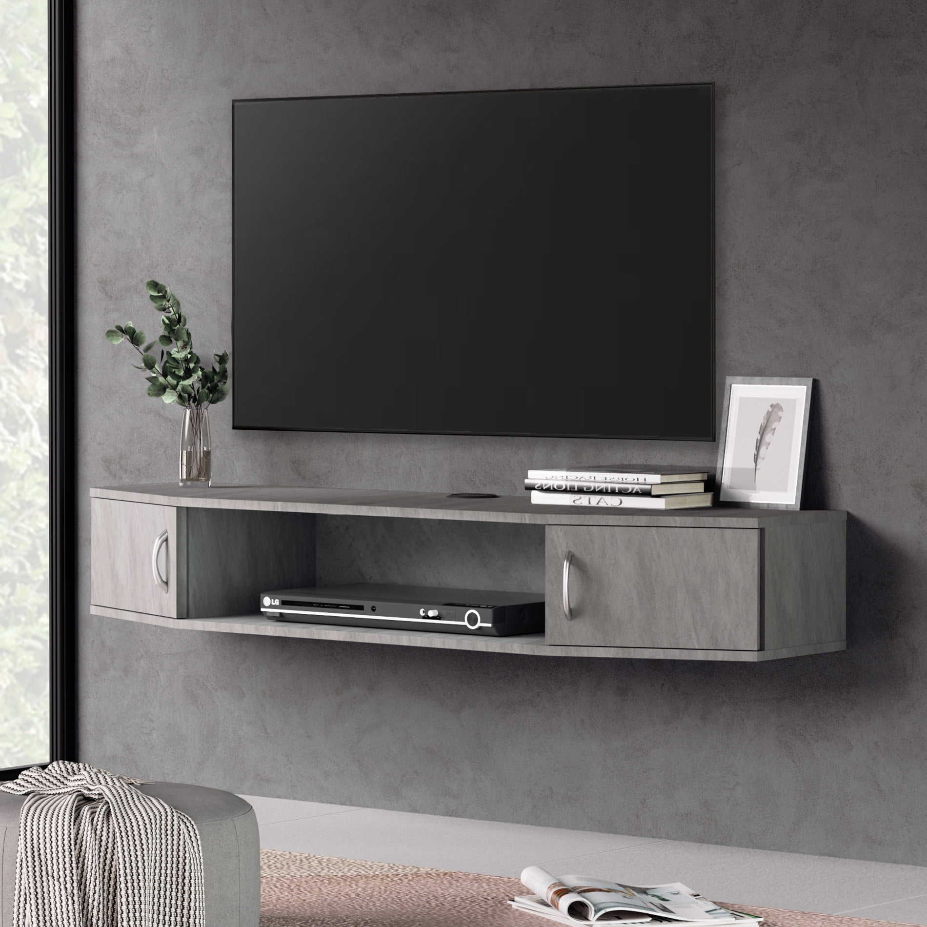 Wood Floating Wall Mount Shelves TV Stand Media Console with 2 Tier Shelf 