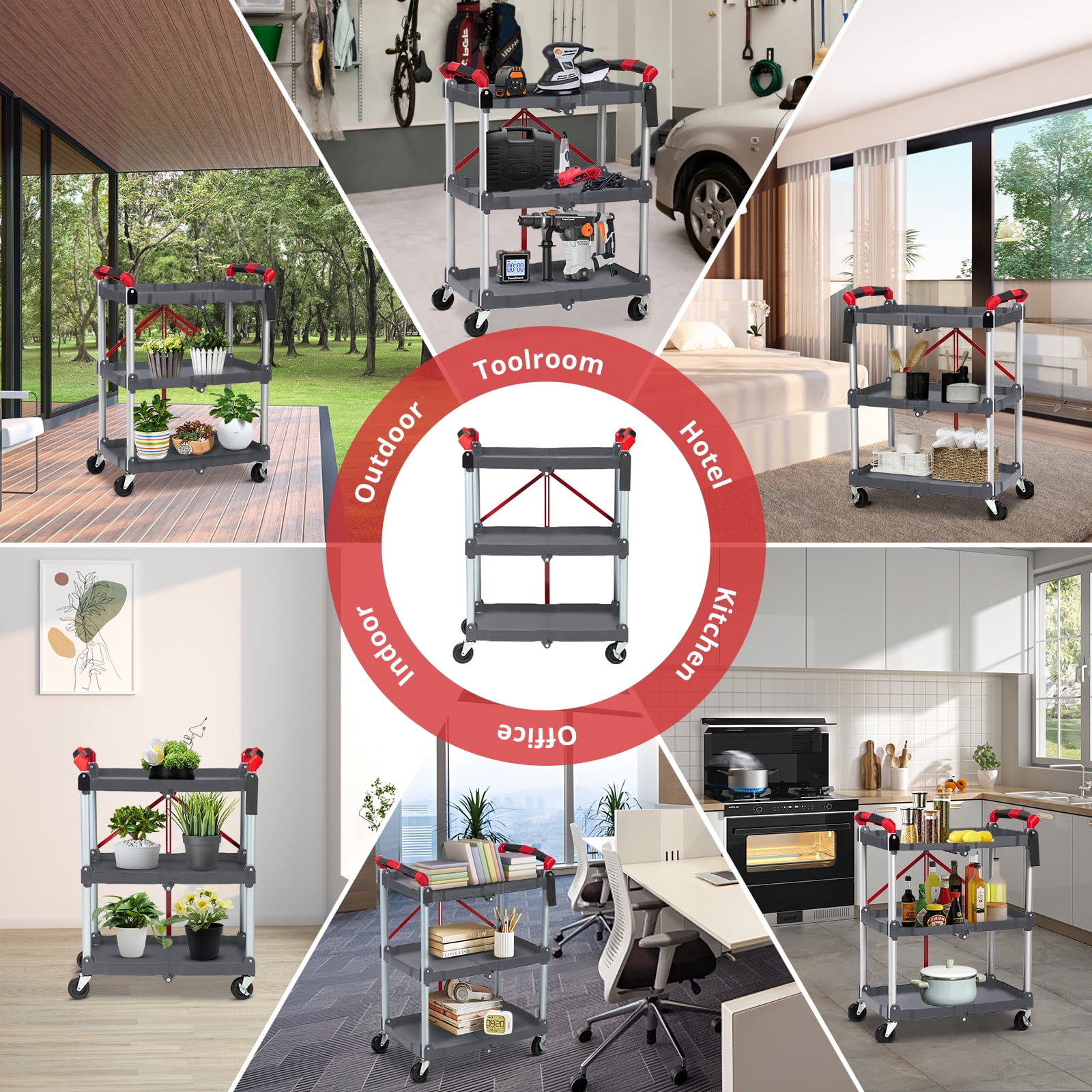 M optimized Folding Utility Service Cart, Collapsible Cart with Wheels, 3 Tier Rolling Utility Cart, Folding Cart with Wheels Collapsible, Service Cart for Tool, Grocery, Kitchen, Office