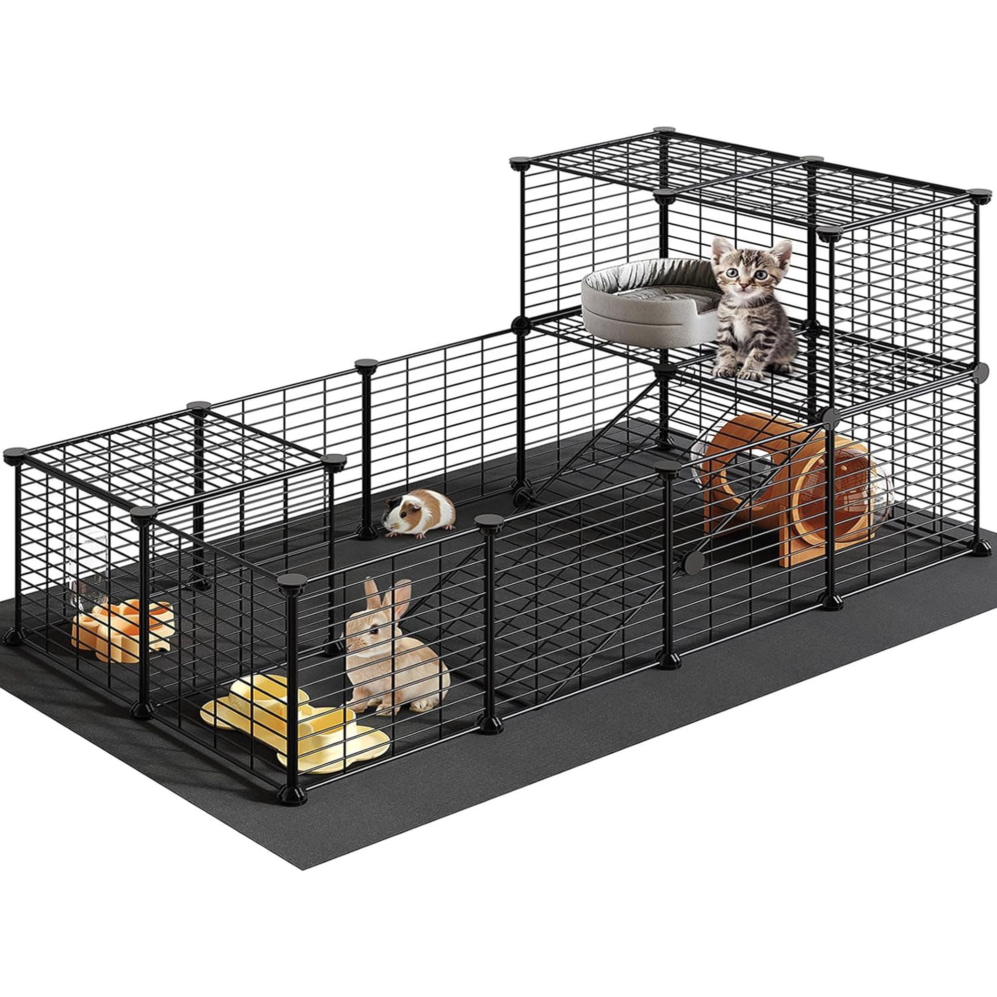 Guinea Pig Cage with Waterproof Mat, 24 Panels Small Animal Playpen, Rabbit Cage, Bunny Cage, Chicken Cage, Pet Playpen, Indoor Outdoor Yard Fence, 57 x 31.5 x 23.6 Inches, Black BK03PP03