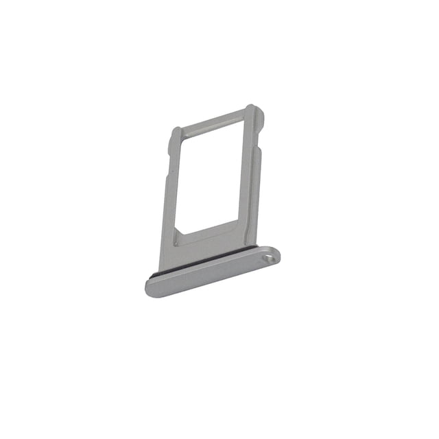 Replacement Sim Card Tray for Apple iPhone 8 and iPhone SE (2020) in silver, shown in a close-up view. This single sim card tray is designed to replace damaged or lost trays, ensuring compatibility with the specified models. Made from durable materials, it offers a precise fit and reliable functionality.
