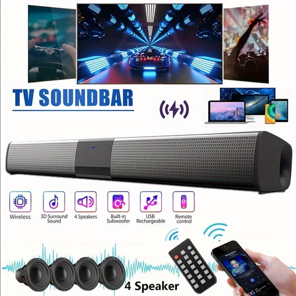 Stereo Soundbar with Wireless Subwoofer, 2.1 Home Theater System, Bass Boost, Bluetooth, TWS, TF/AUX/FM/RCA, 2000mAh Battery for TV, PC, Phone, DVD, Console