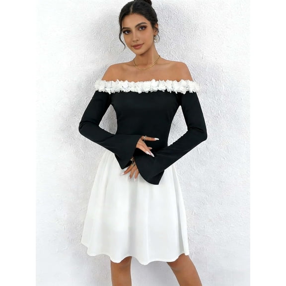 OYYNIIS Womens Off Shoulder Dresses Fashion Floral Trim Bell Sleeve Stretchy Fit Dress Graduation Wedding Guest Mini Short Dress