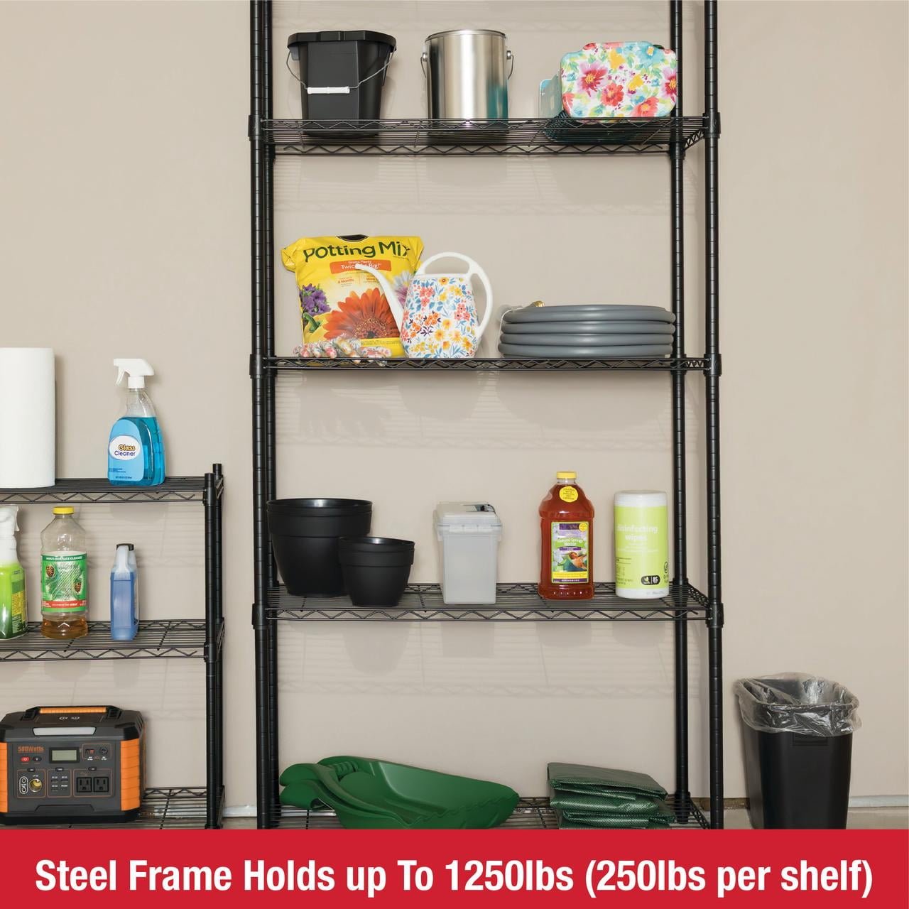 Rubbermaid Heavy Duty 5-Tier Black Wire Shelving Unit, 1250lb Capacity
