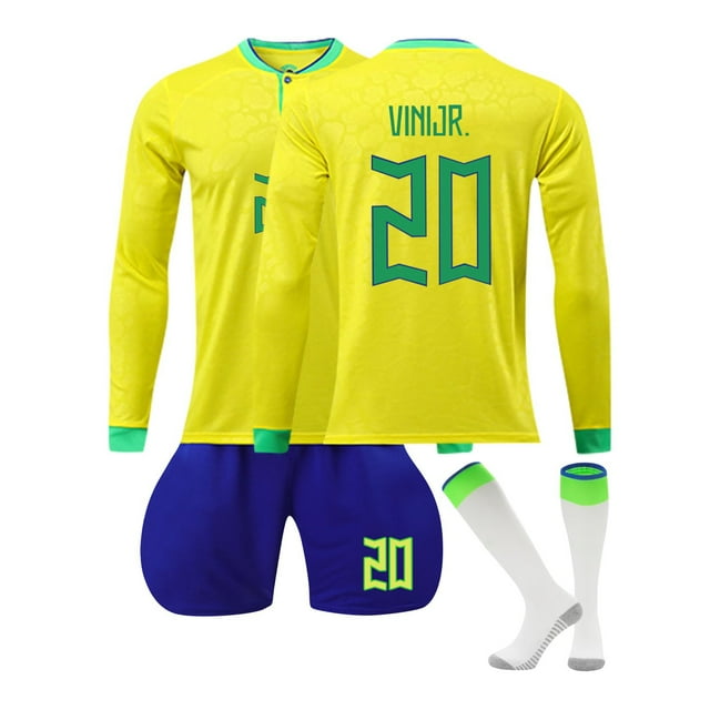 Surgei 2223 Brasil Camisetas de fútbol, Brasil Estadio de casa #20 Vinicius Junior Impreso Manga Corta Tops Calcetines Camisetas de fútbol de 3 piezas, Camisetas de fútbol de Brasil para adultos, L
