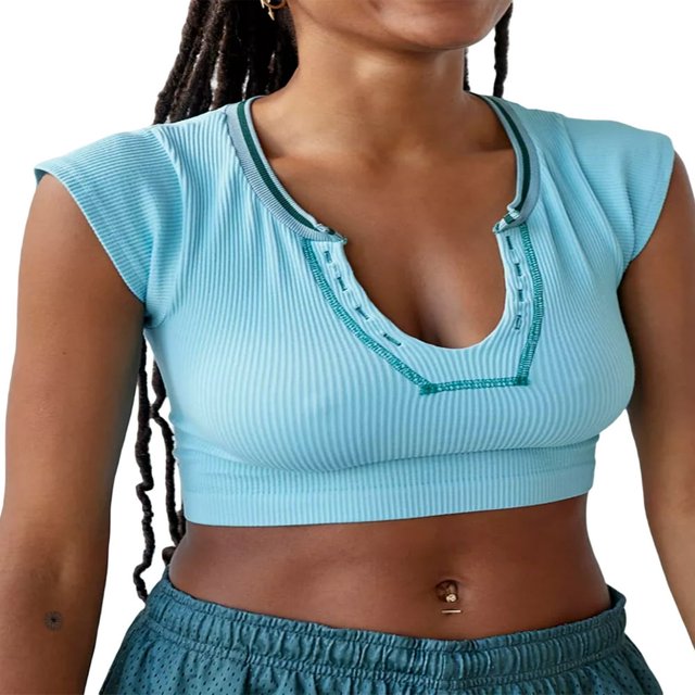 Women Summer Slim Fit Crop Tops Cap Sleeve V Neck Short T-shirt