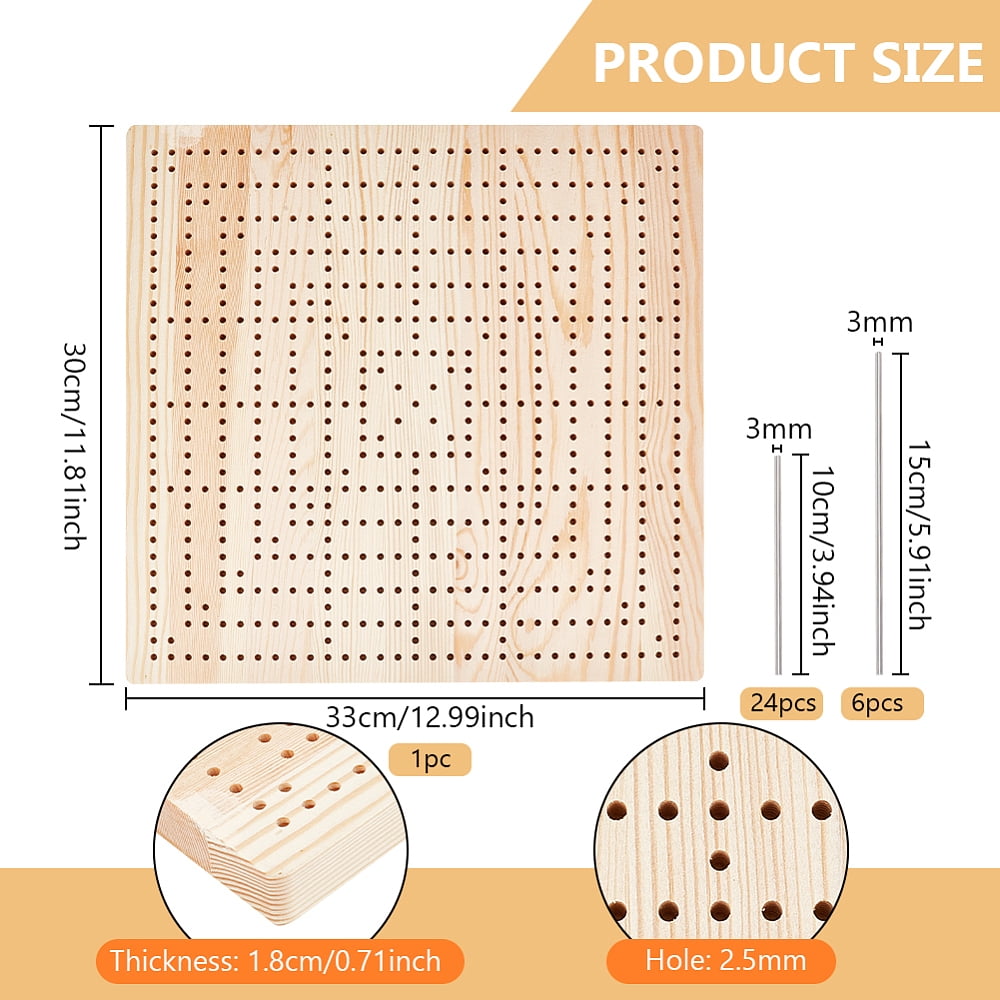 1set 13x11.8inch Crochet Blocking Board Square Wooden Blocking Mat with 24pcs 3.9" & 6pcs 5.9" Stainless Steel Rods for Handcrafted Knitting and Crocheting Sewing Gift
