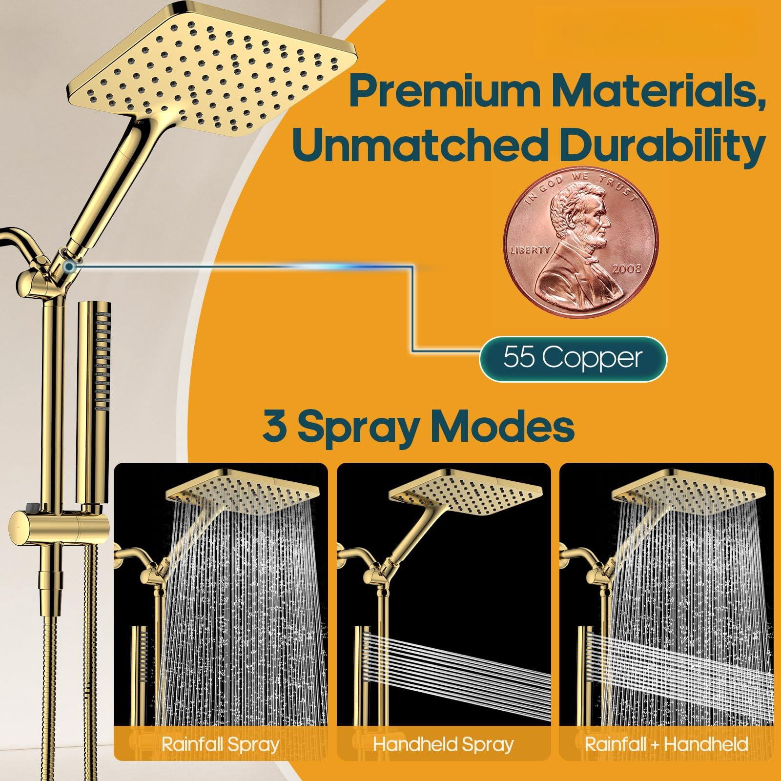 Filtered Shower Head With Handheld Spray Combo High Rain Dual Filters - Removes Chlorine Height Adjustable & Built-in Power Wash (gold)