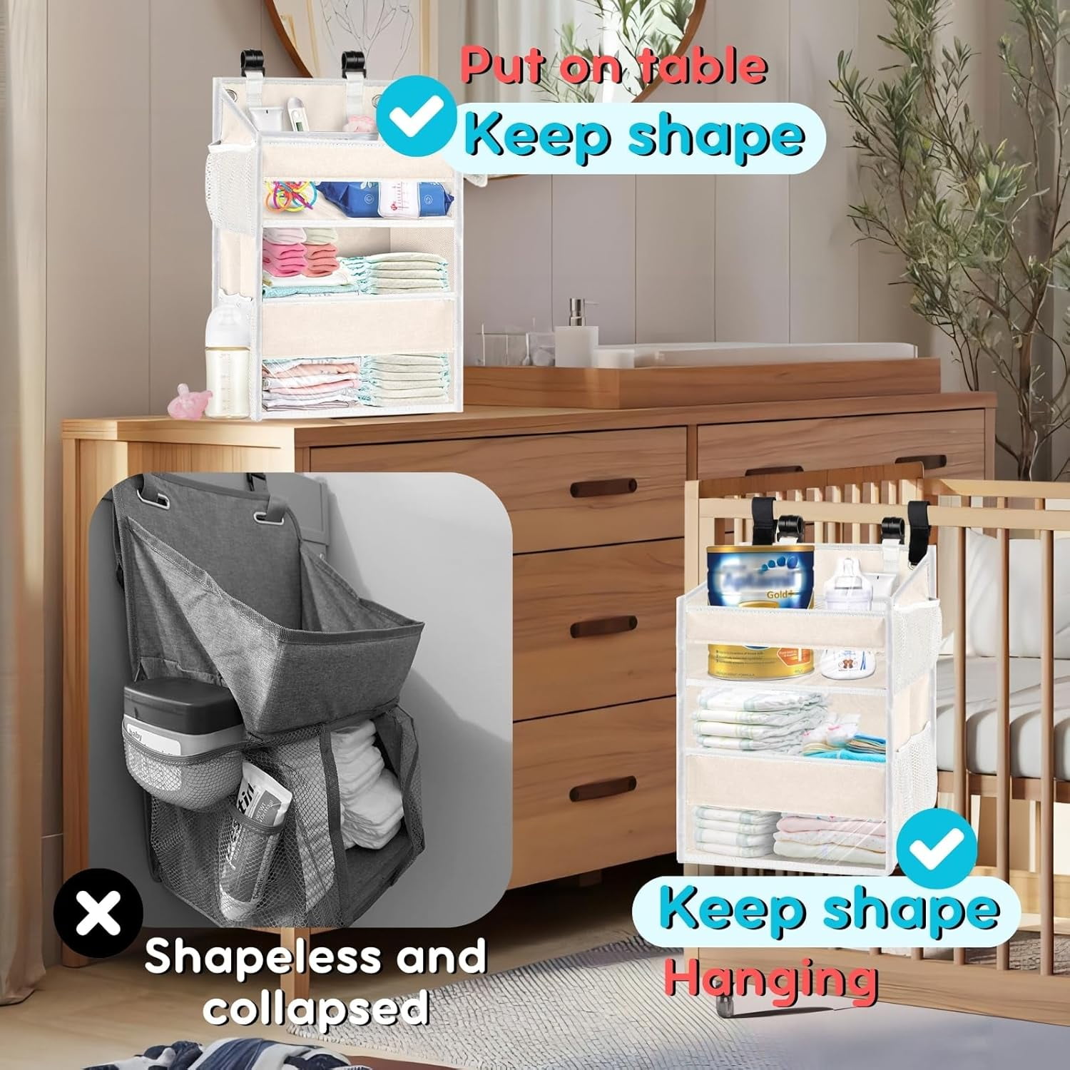 Hanging Diaper Organizer for Changing Table,Cribs,Car,Playard or Wall & Nursery Organization, 2-Tier Diaper Organizer- Hold 90+ Diapers, Beige