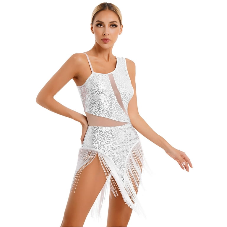 Yeahdor Womens Sequins Tassel Latin Jazz Dance Leotard Bodysuit Dance Wear  Costume White-D XL