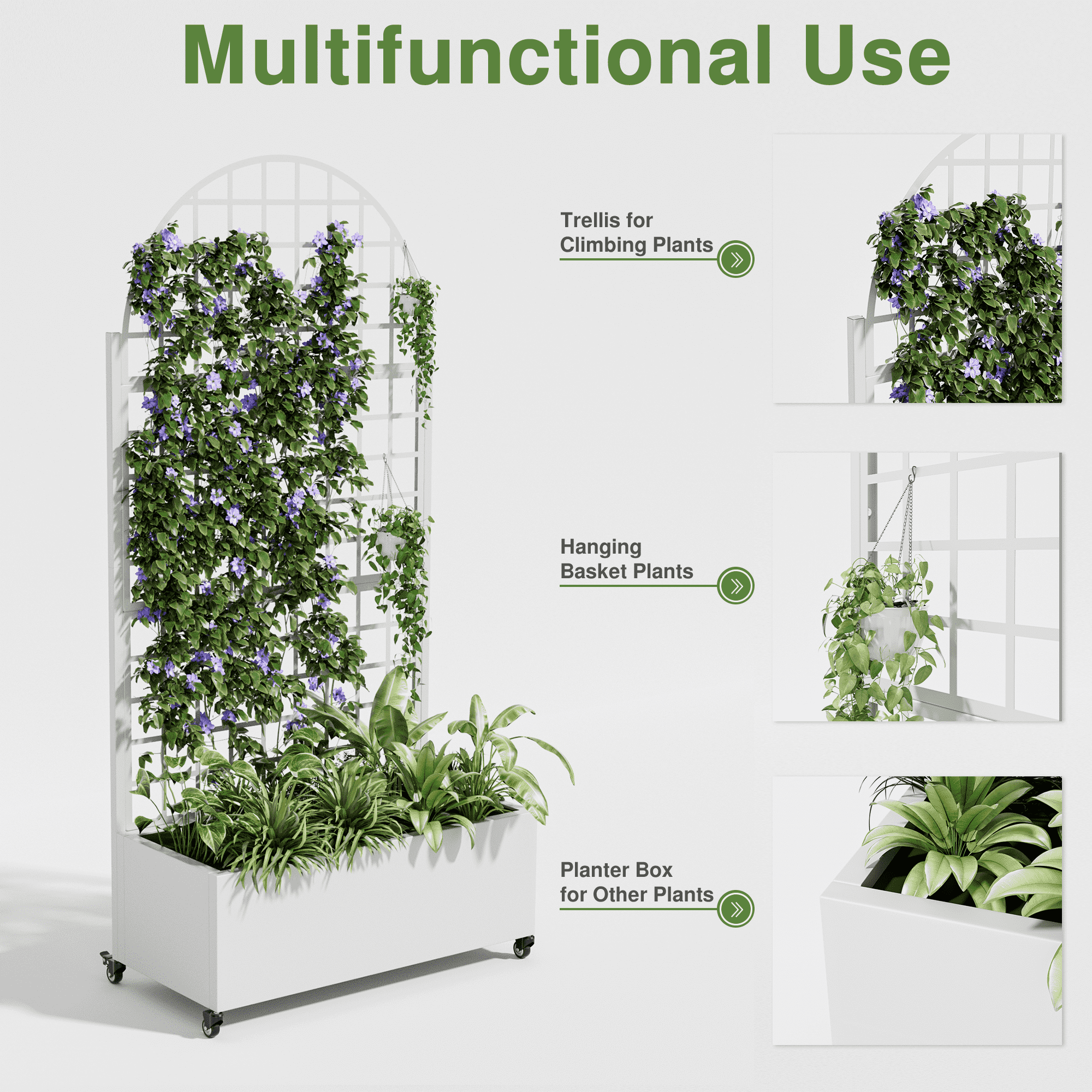 MAYEERTY 35*16*71"Outdoor White Metal Planter with Arch Climbing Trellis, Drainage hole & Wheels, Grid Pattern