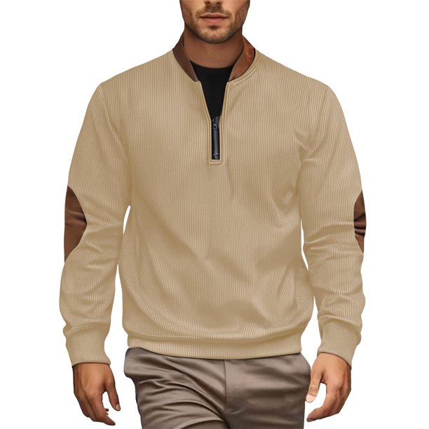 Blusa y camisa de manga larga con cuello alto para hombre, informal, de color liso, con cremallera, de manga larga y cuello alto, de poliéster.
