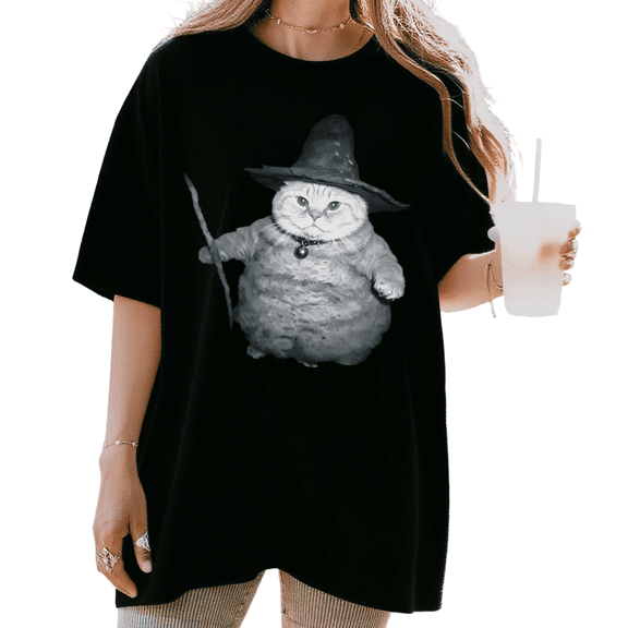Women's Funny Wizard Cat Fat Cat Meme Graphic Comfortable T Shirt Casual Short Sleeve Round Neck Top Black S-5XL