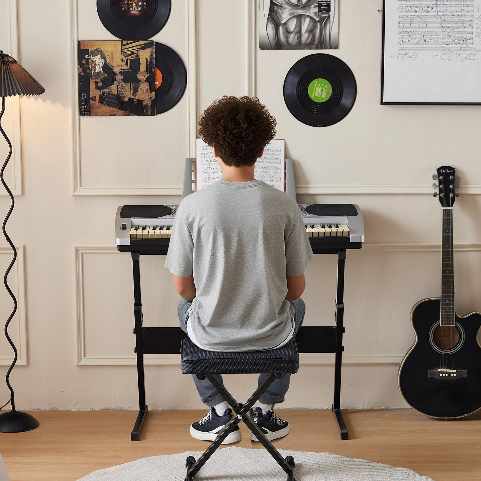 Adjustable Piano Bench  Waterproof Synthetic Leather Padded Stool X-style With 2.4 Inch Thicken Soft Cushion Keyboard For Keyboards Guitar 9.1"x12.2"x20" Black
