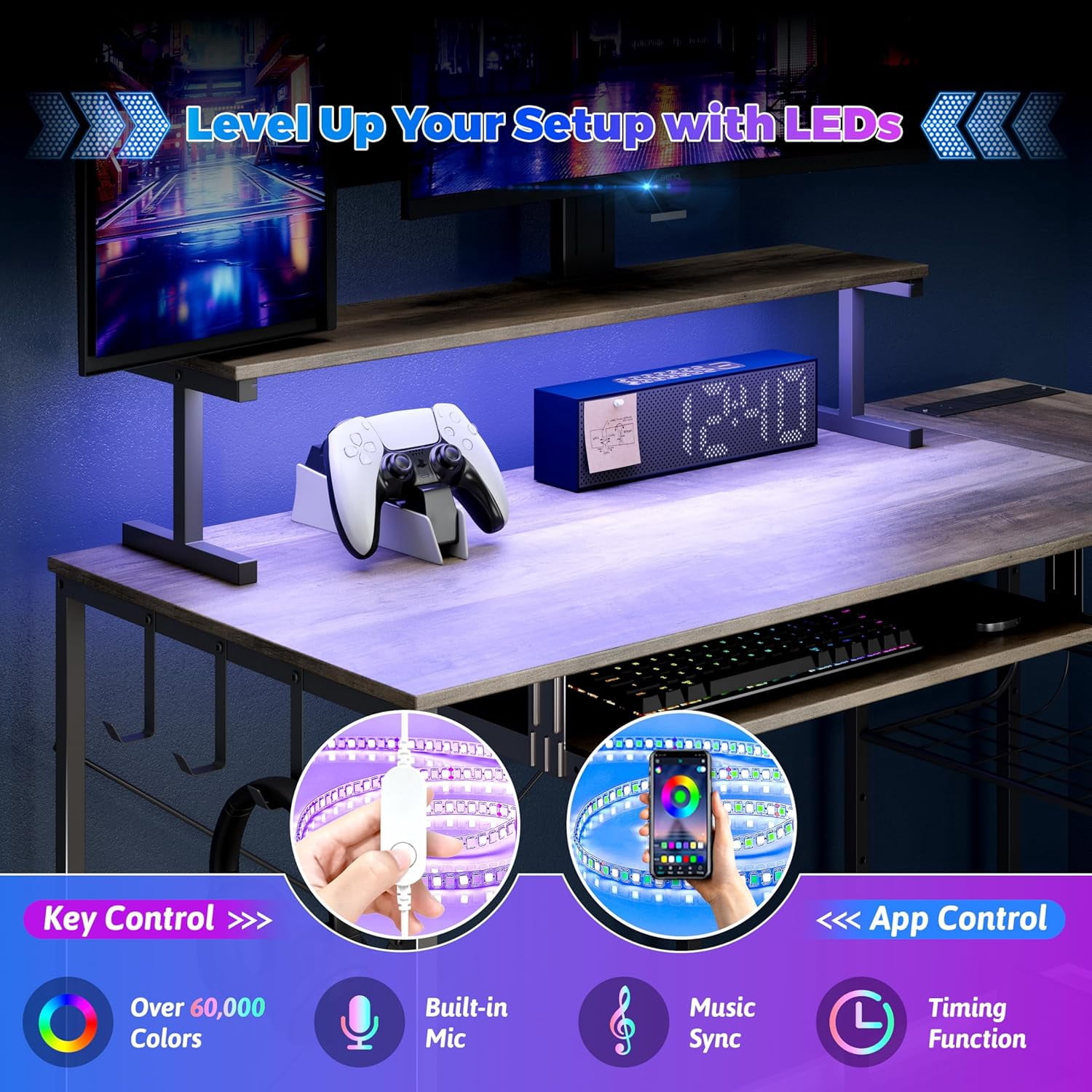 FANRAL L Shaped Computer Gaming Desk with Monitor Stand,LED Light & USB Power Outlet,Reversible Shelves Corner Desk with Keyboard Tray for Home Office Study,Gray Computer Desk