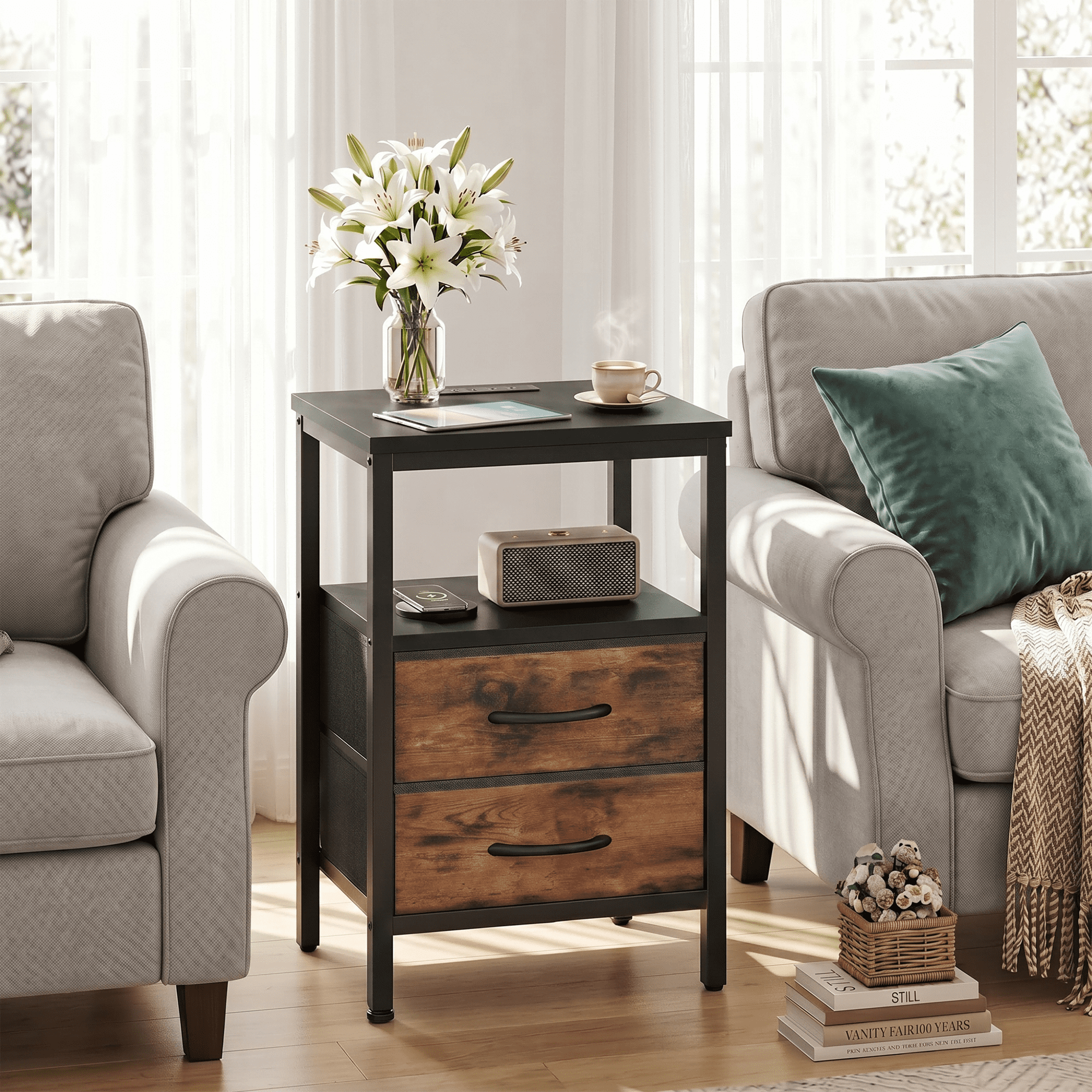 LIFERECORD Nightstand Set of 2 with 2 Fabric Drawers, Nightstand with Charging Station, End Tables with Storage Shelf for Small Spaces, Bedside Table Side Tables for Bedroom, Black & Brown