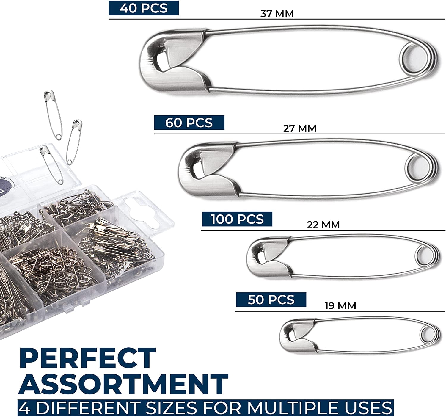 250 Pack Safety Pins by , 4 Assorted Sizes of Durable, Silver Small and Large Safety Pins Bulk, Rust-Resistant Nickel Plated Steel, Sharp Edge Pins for Clothes, Sewing, Arts & Craft
