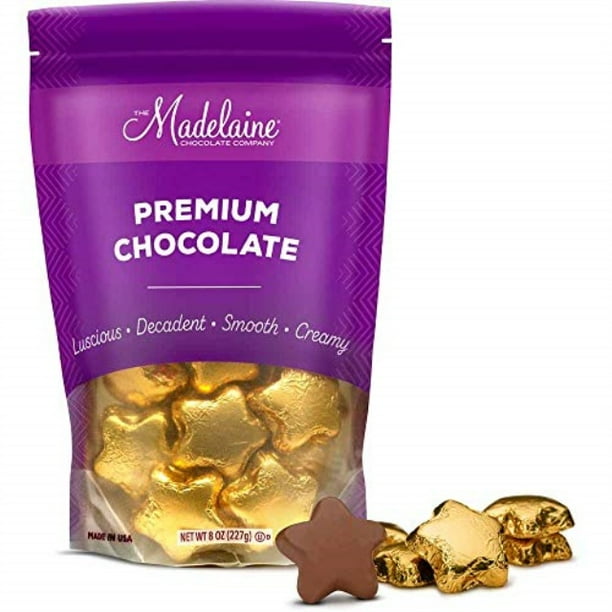 madelaine solid premium milk chocolate stars, wrapped in italian foil