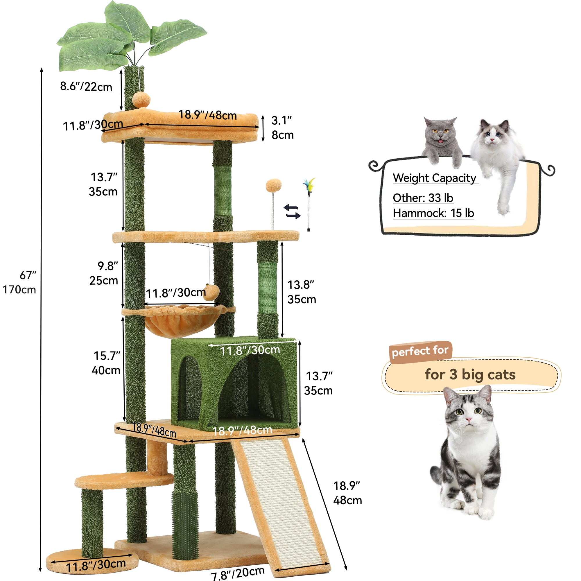 Uforic 73" Large Cactus Cat Tree Tower with Cat Scratching Posts Cozy Condo Perch for Indoor Cats, Green&Yellow