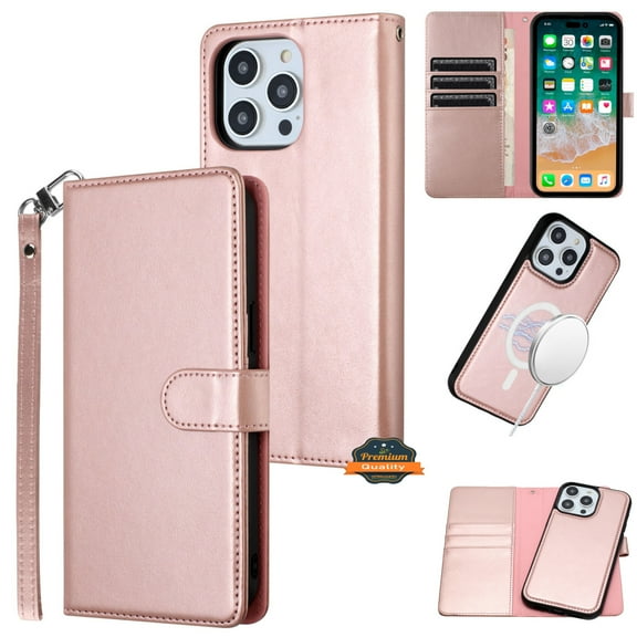 Designed for Apple iPhone 16 Pro Max (6.9") Deattachable PU Leather Hybrid Wallet Money Credit Card Holder Support Magsafe Charger Phone Case Cover - Rose Gold