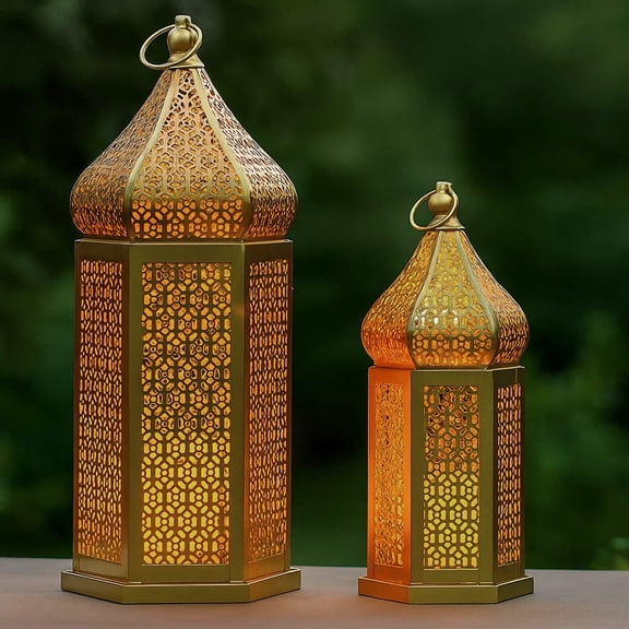 VELA LANTERNS Large Golden Tower Temple Moroccan Lantern Lamp Decorative Candle Holders for Ramadan Decorations, Hanging, Outdoor Patio or Porch, Indoor Home Decor, Gold, Set of 2