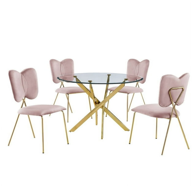 Rond 45 "x 45" 5pc Verre Clair Dînette Sertie de Chaises Roses