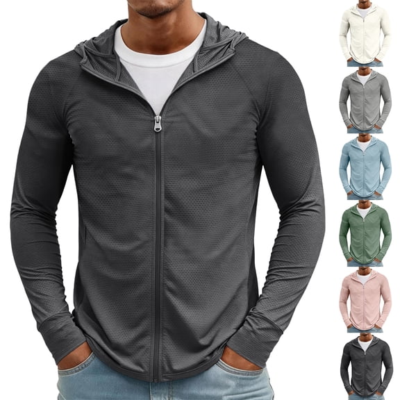 Men's Breathable Mesh Sun Protection Jacket with Hood and Full Zip Featuring Lightweight Cooling Fabric and Thumb Holes for Hiking Running Fishing Travel Blue L
