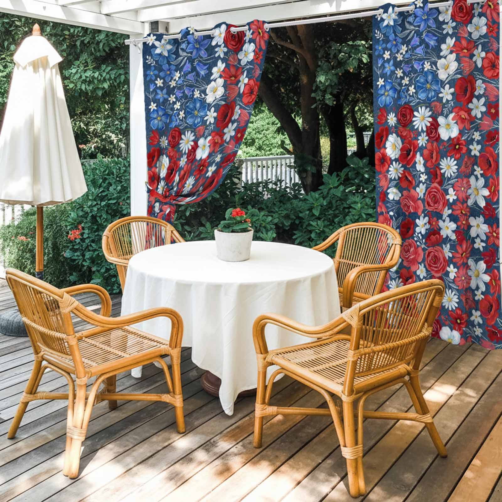 Independence Day Outdoor Curtains for Patio, Patriotic U.S. Flag Style Blue Red Flowers Sunshade Privacy Drapes Grommet Waterproof Outside Curtains for Porch/Cabana/Balcony 54"x 108", 1 Panel