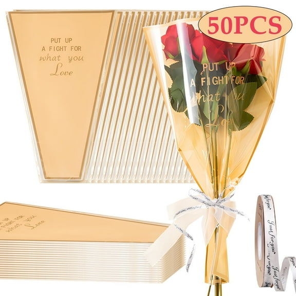 Flower Bags for Bouquet Flower Bouquet Wrapping Paper Floral Sleeves with Ribbon Clear Front Kraft Paper Bouquet Bags Large Size 11" x 17" 50 Pcs