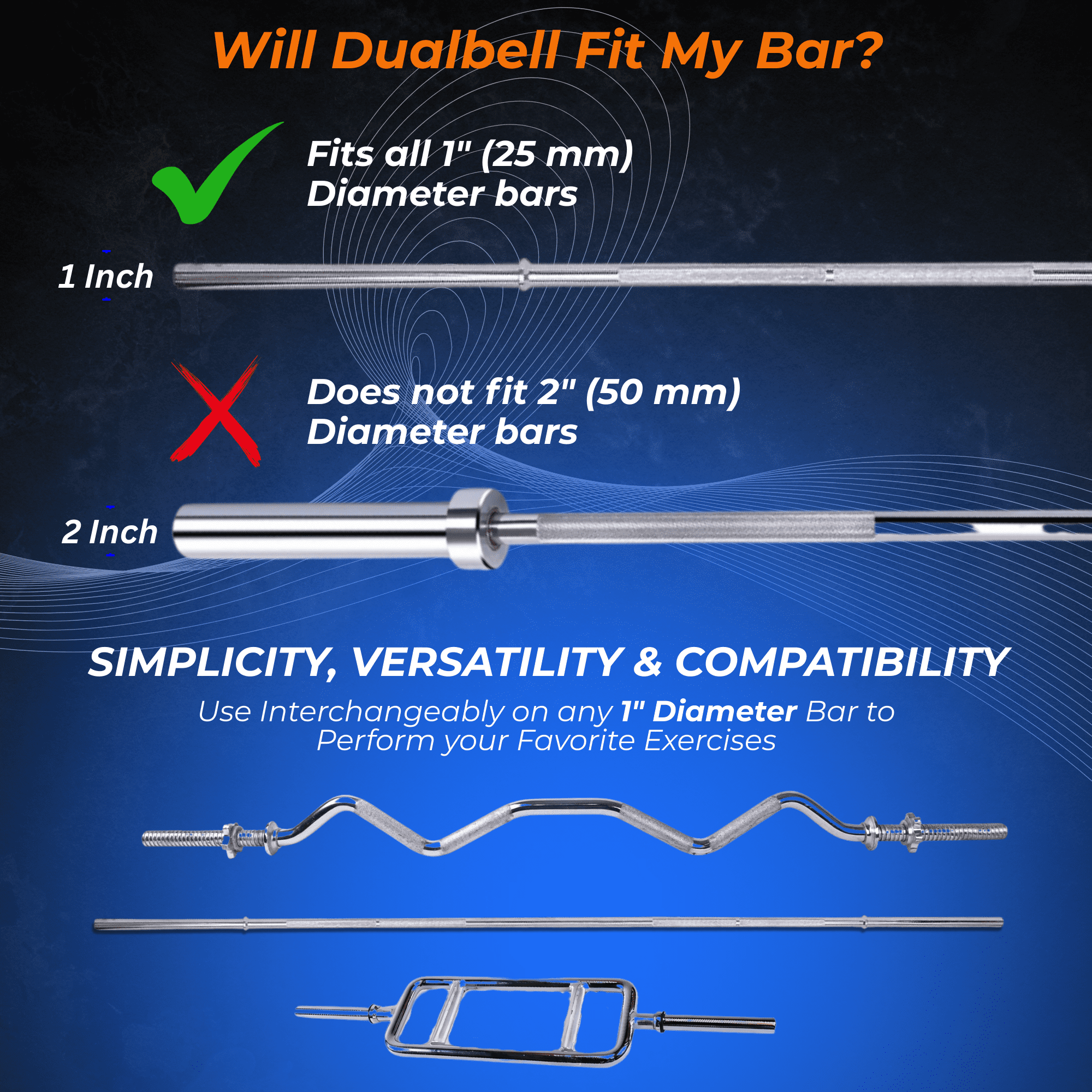 Dualbell Blue Superset- Convert Dumbbells to Barbell Adapters- for 1" Standard Bar Strength Training