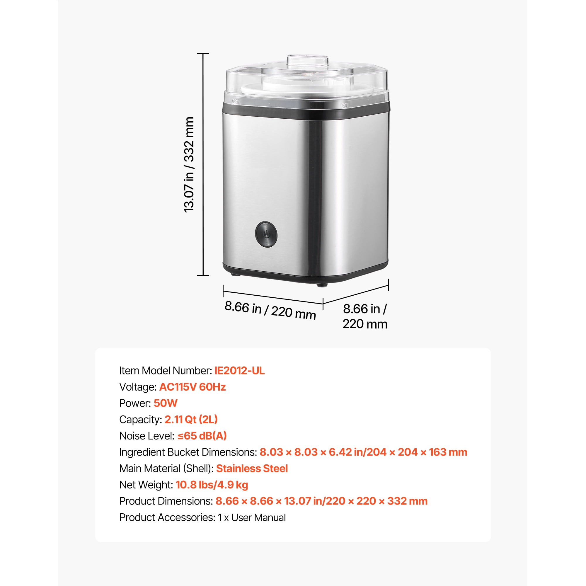 KFFKFF Electric Ice Cream Maker, 2.11 Qt. Capacity, Automatic Frozen Dessert Machine, Easy to Operate and Clean, Durable Stainless Steel Design, Ideal for Homemade Yogurt, Sorbet, Gelato, Silver