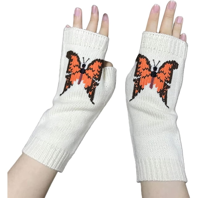 Long Knitted Fingerless Mittens With Large Design Warm Thermal Winter Fall Fashion For Ladies