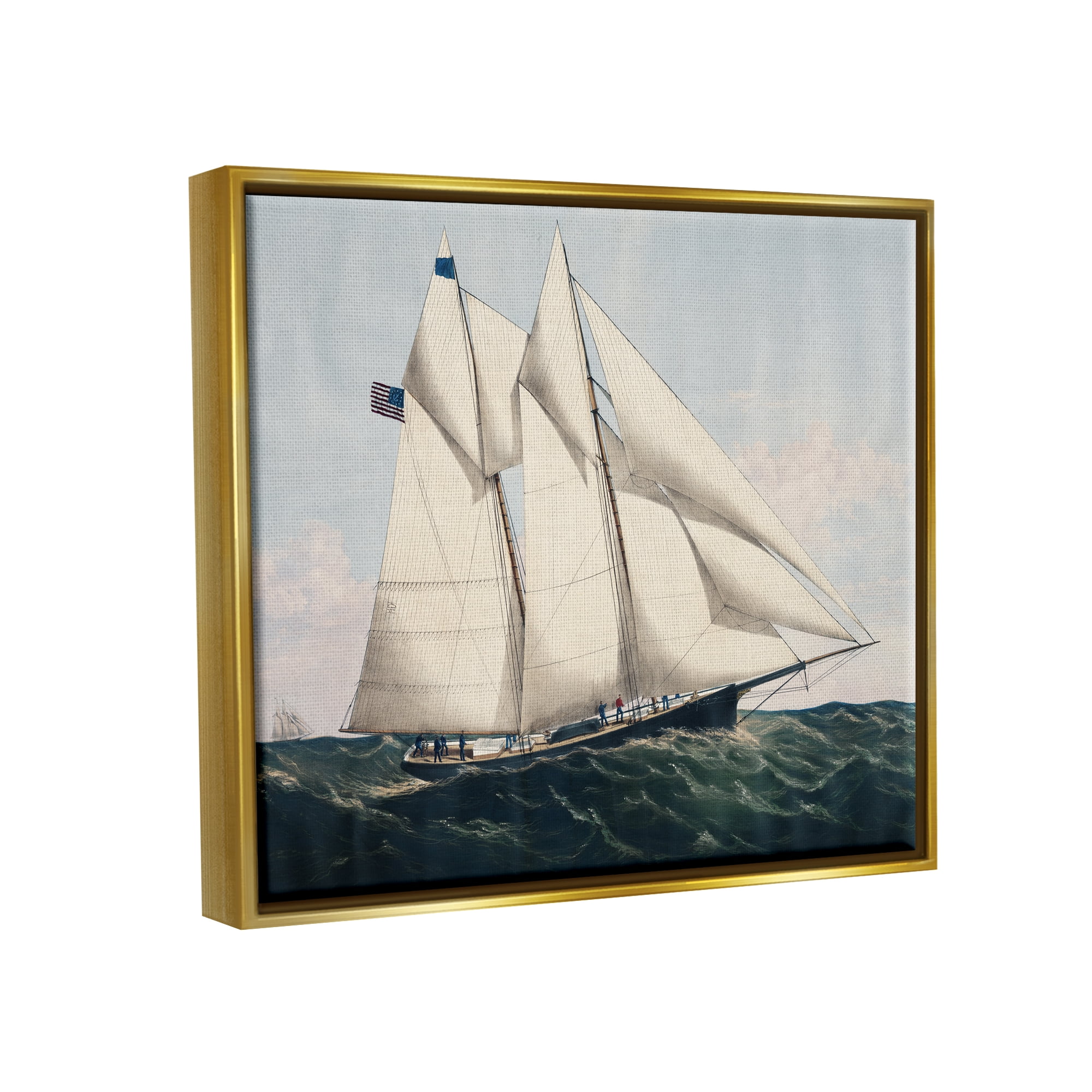 Stupell Industries Vintage Nautical Yacht Transportation Painting Gold Floater Framed Art Print Wall Art, 31 x 25