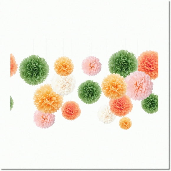Party Poms: 16PCS Sage Green & Bright Orange Baby Shower Decorations for Birthday, Wedding, Spring Summer Celebrations