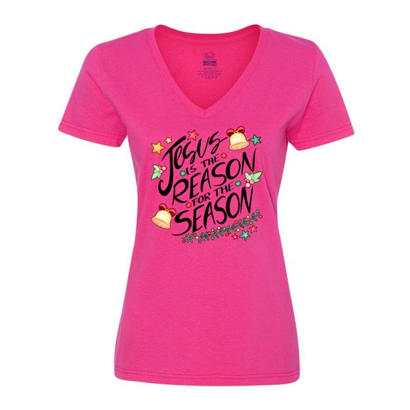 Inktastic Jesus is the Reason for the Season Christmas Bells and Stars Women's V-Neck T-Shirt