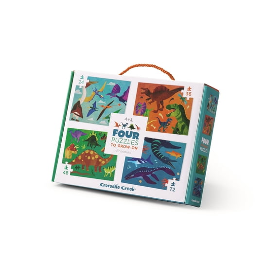 Crocodile Creek 4 pack Jigsaw Puzzle for Kids Ages 5 and Up - Fun and Educational Table or Floor - Heavy-Duty Box for Storage - Dinosaur - 13.5" x 18" Finished