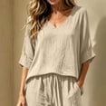thumbnail image 5 of CYMMPU Women's Summer Linen Blend 2-Piece Outfit, V-Neck 3/4 Sleeve Top with Drawstring Pants, Casual Loungewear Set Beige S, 5 of 7