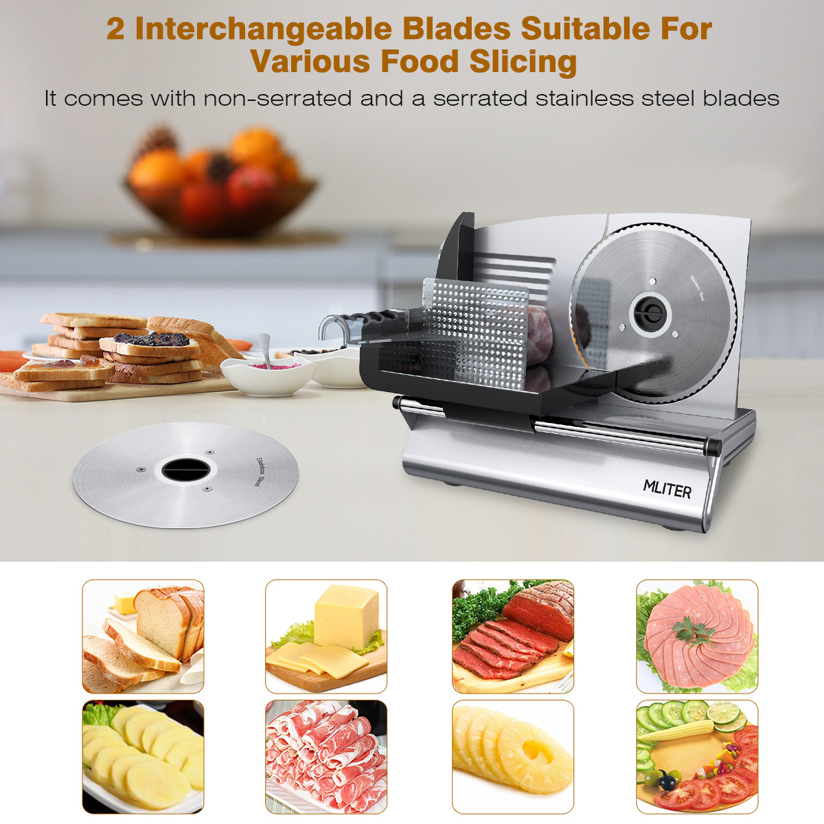 Food Slicer,MLITER 150W Electric Food Slicer 7.5 Inch Blades Heavy Duty