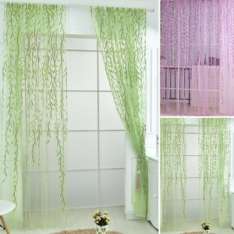 Willow Leaf Sheer Curtains,Vine Patterned Green Sheers Rod Pocket Leaves  Voile Drapes Botanical Window Curtain for Living Room Balcony Sunroom  Closet